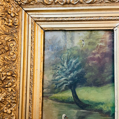 Unsigned Swan Oil Painting in Ornate Heavy Frame- Antique