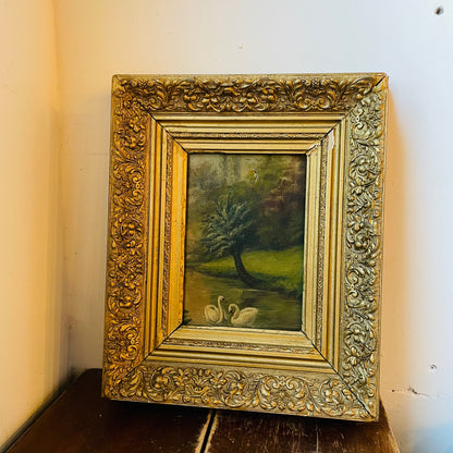 Unsigned Swan Oil Painting in Ornate Heavy Frame- Antique