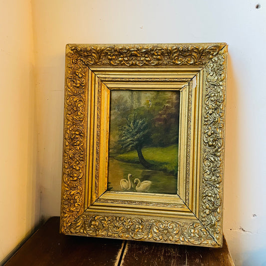 Unsigned Swan Oil Painting in Ornate Heavy Frame- Antique