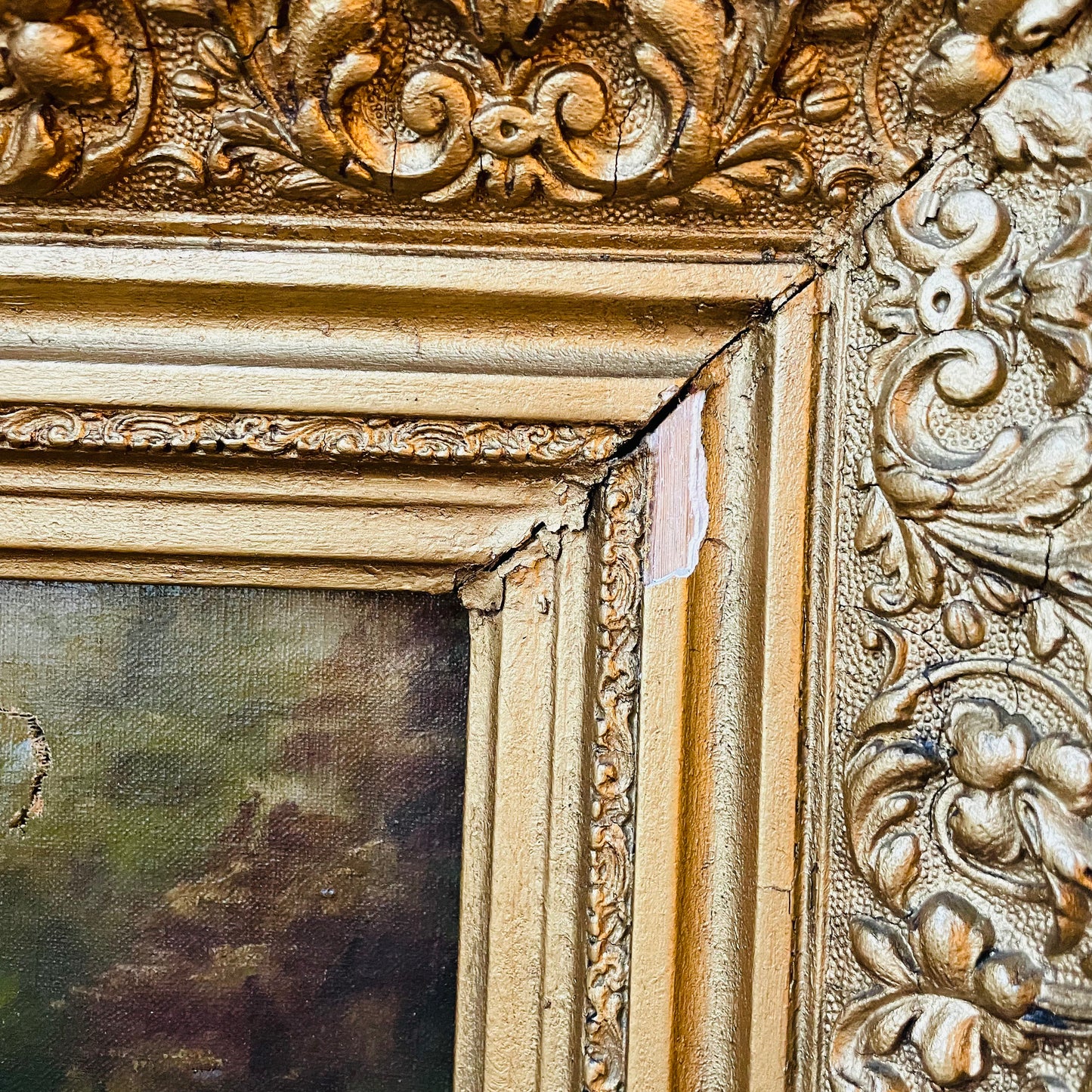 Unsigned Swan Oil Painting in Ornate Heavy Frame- Antique