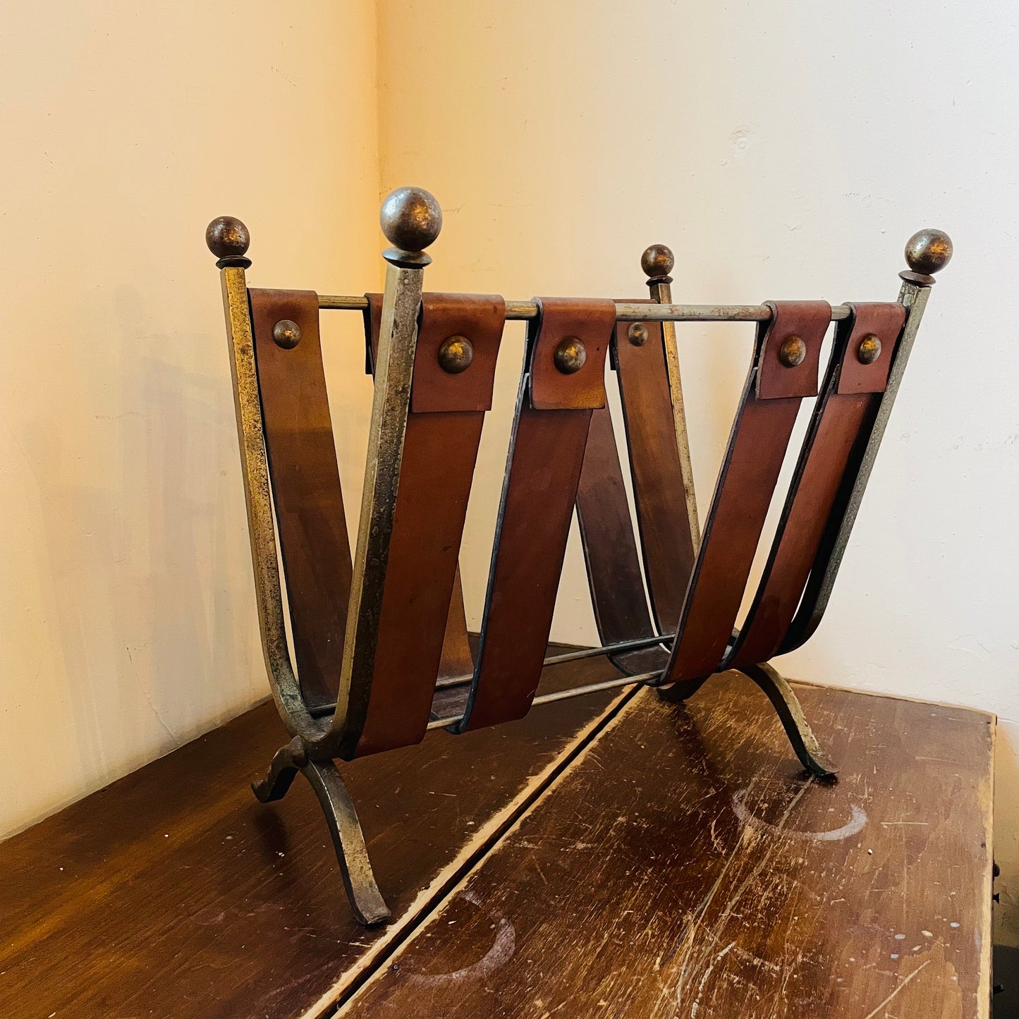 Mid-Century Brutalist Leather & Wrought Iron Magazine Rack- Vintage