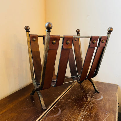 Mid-Century Brutalist Leather & Wrought Iron Magazine Rack- Vintage