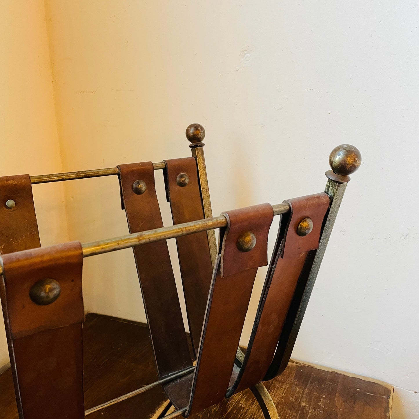 Mid-Century Brutalist Leather & Wrought Iron Magazine Rack- Vintage