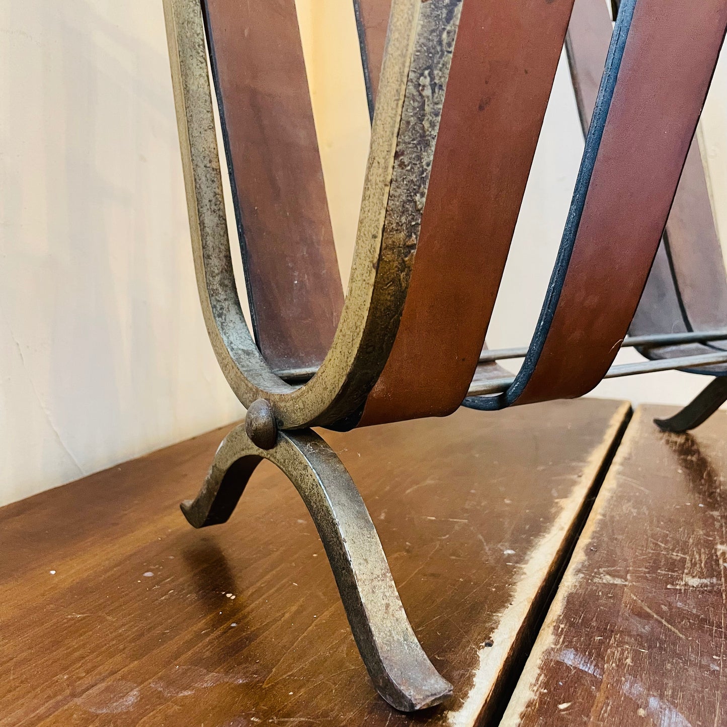 Mid-Century Brutalist Leather & Wrought Iron Magazine Rack- Vintage