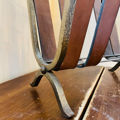 Mid-Century Brutalist Leather & Wrought Iron Magazine Rack- Vintage