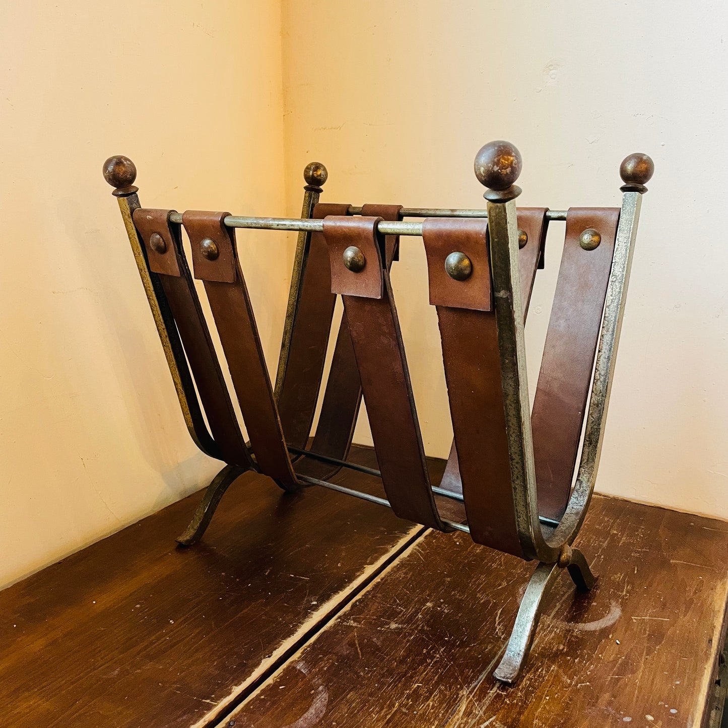 Mid-Century Brutalist Leather & Wrought Iron Magazine Rack- Vintage