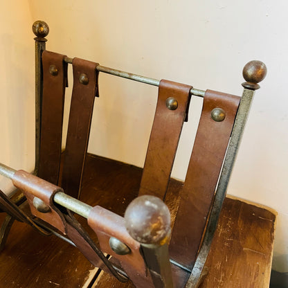 Mid-Century Brutalist Leather & Wrought Iron Magazine Rack- Vintage