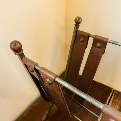 Mid-Century Brutalist Leather & Wrought Iron Magazine Rack- Vintage