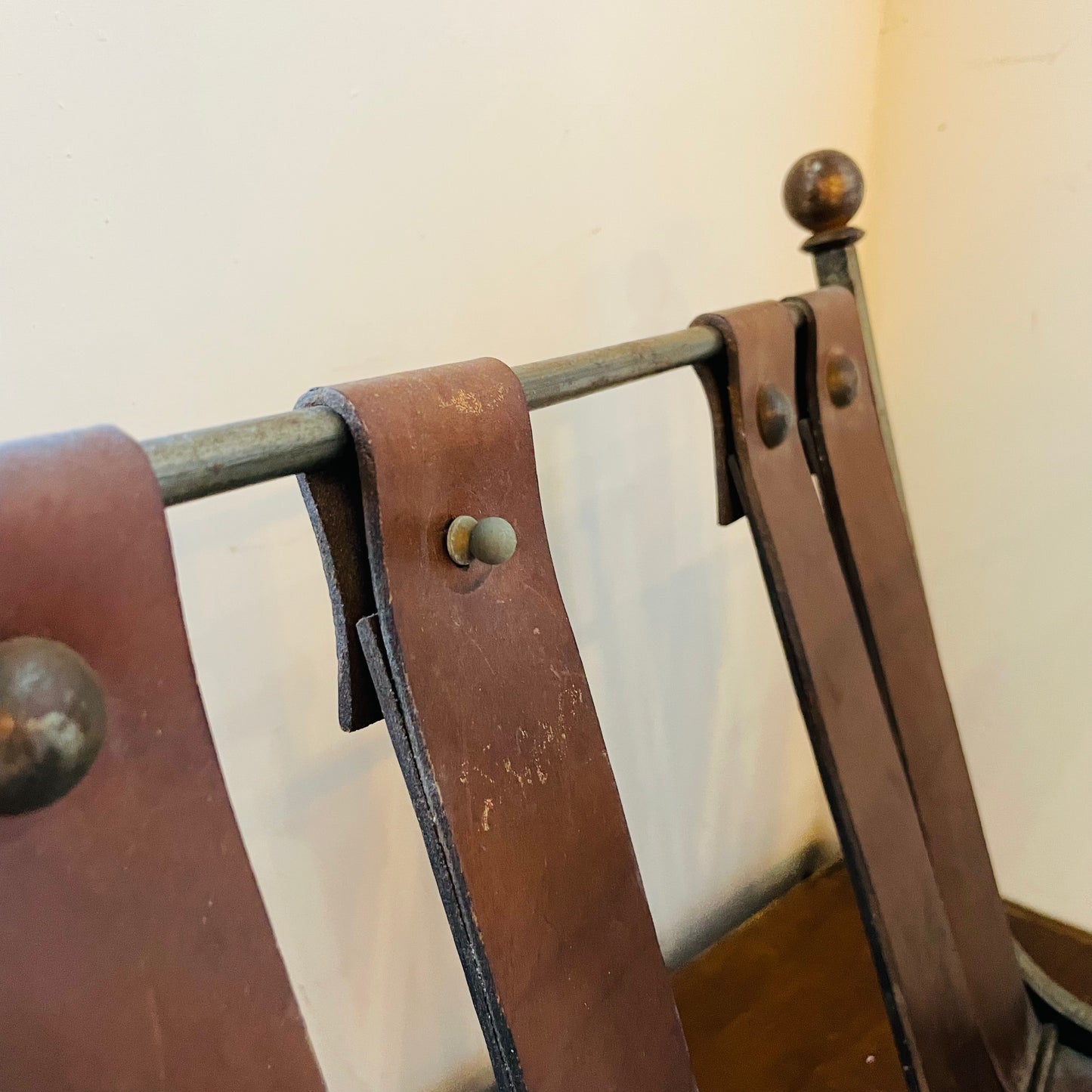 Mid-Century Brutalist Leather & Wrought Iron Magazine Rack- Vintage