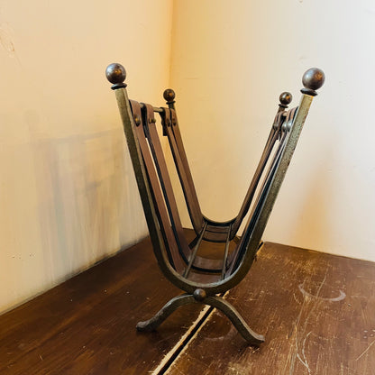 Mid-Century Brutalist Leather & Wrought Iron Magazine Rack- Vintage