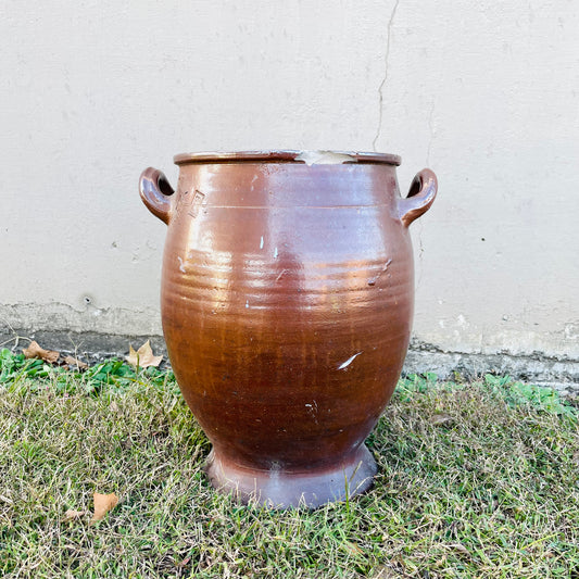 Large Stamped Brown Glazed French Confit Pot- Antique