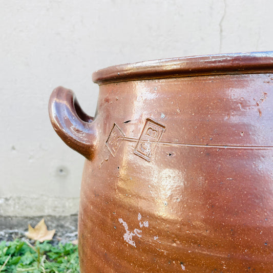 Large Stamped Brown Glazed French Confit Pot- Antique
