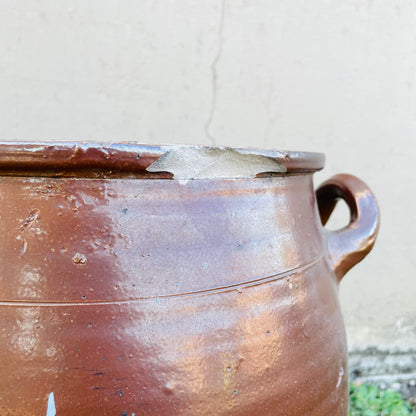 Large Stamped Brown Glazed French Confit Pot- Antique