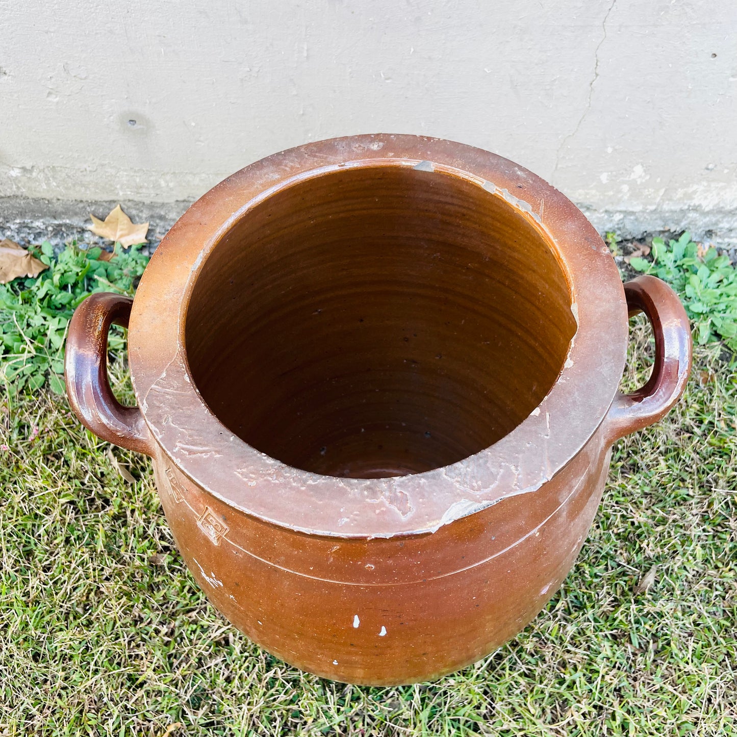 Large Stamped Brown Glazed French Confit Pot- Antique