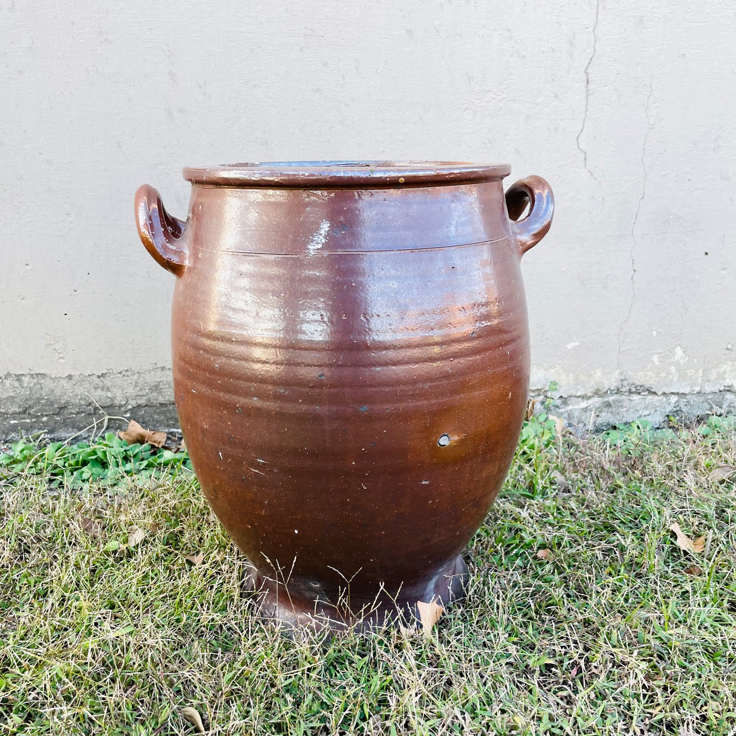 Large Stamped Brown Glazed French Confit Pot- Antique