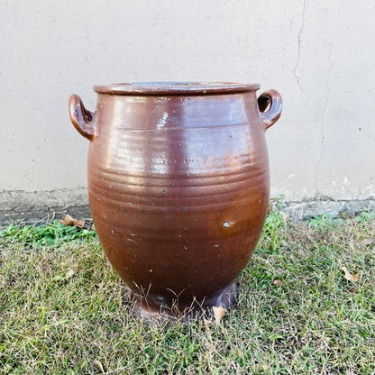 Large Stamped Brown Glazed French Confit Pot- Antique