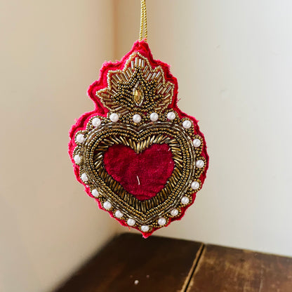 Scared Heart Velvet & Beaded Ornament