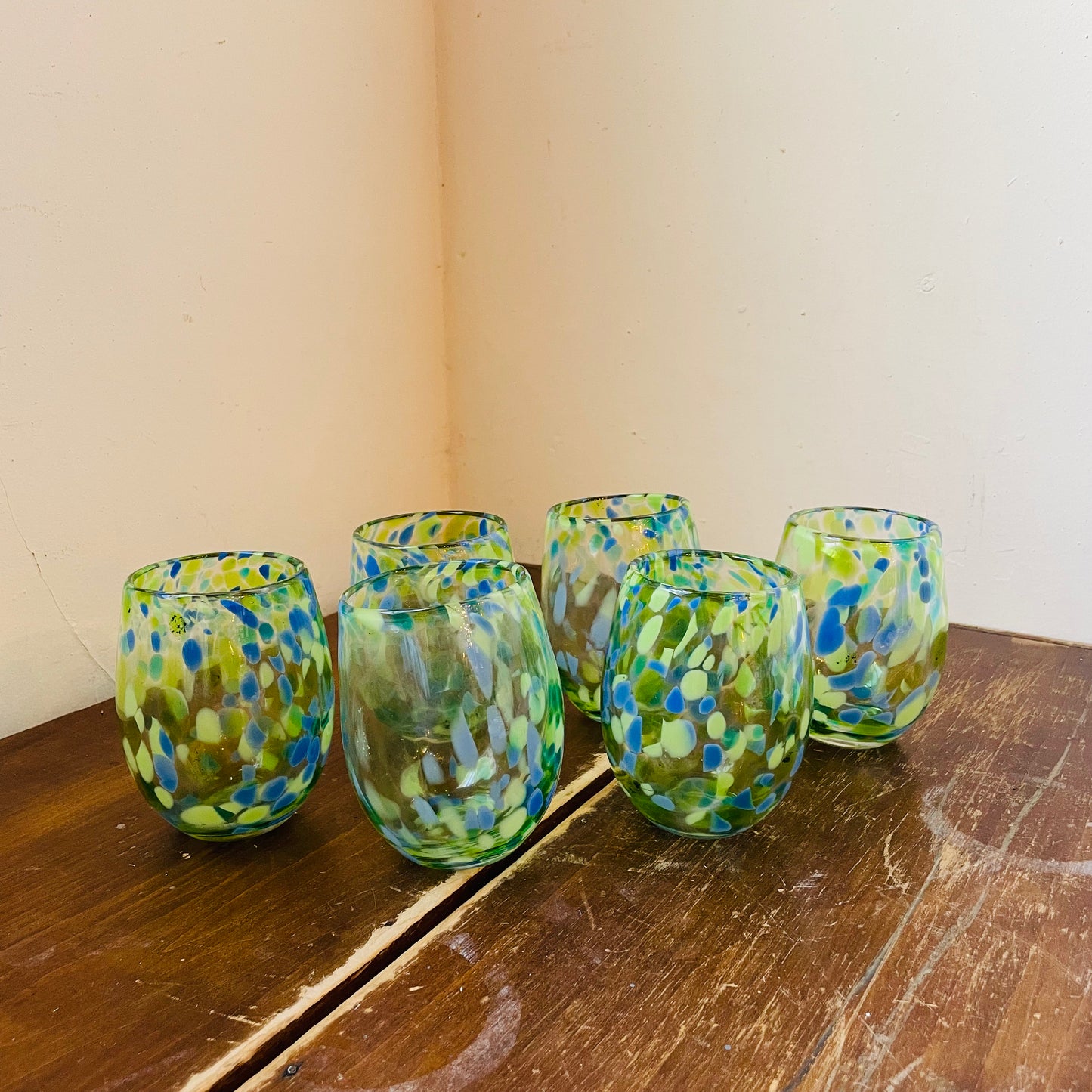 Green & Blue Confetti Stemless Wine Glasses- Set of 6