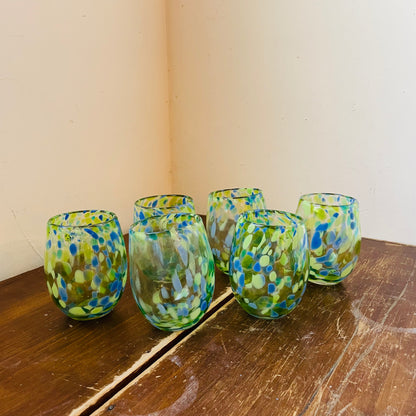 Green & Blue Confetti Stemless Wine Glasses- Set of 6