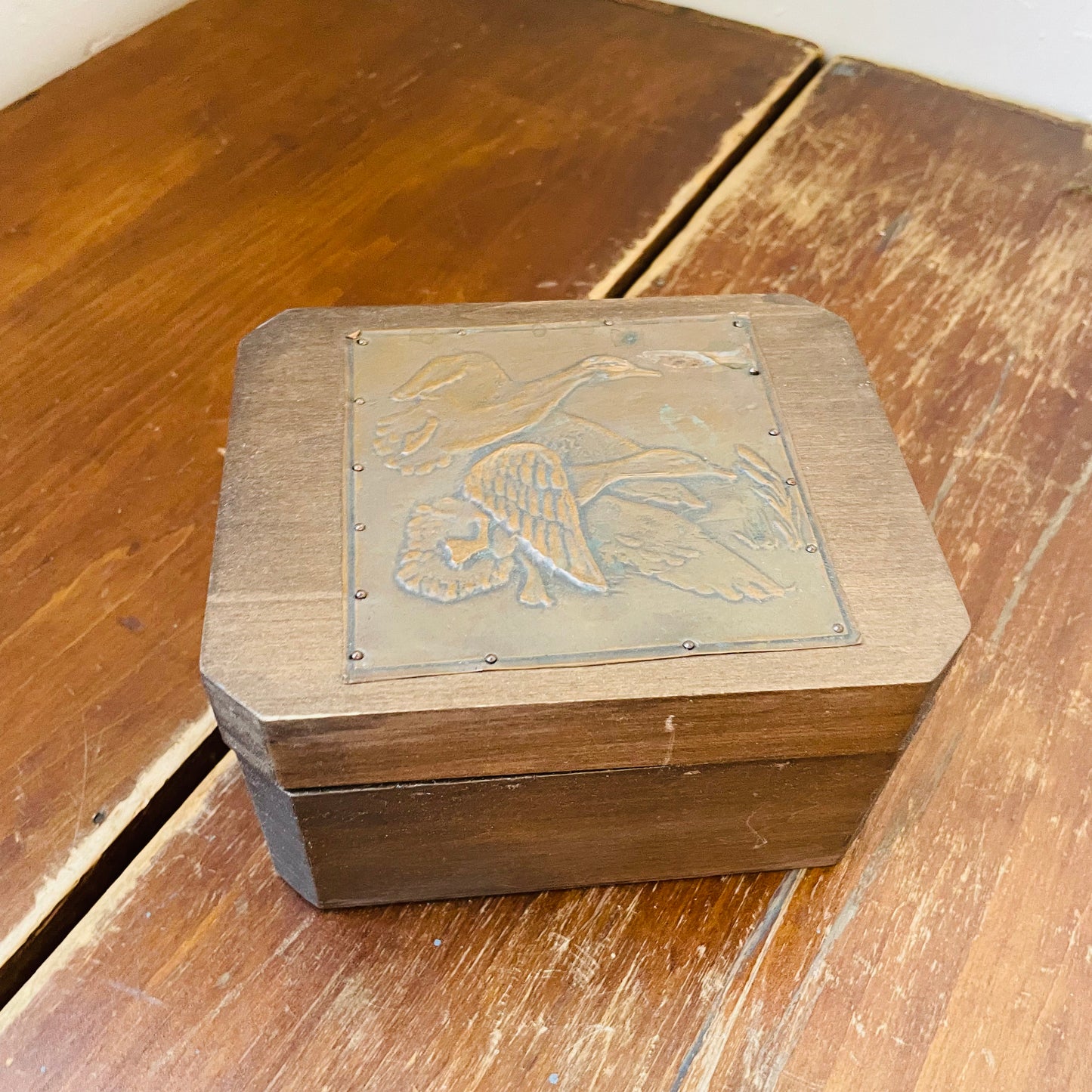 Copper Hammered Duck Artwork on Wooden Box- Vintage