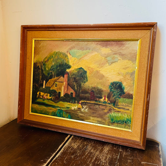 "Golden Hour Over the Farm" Original Oil Painting- Vintage