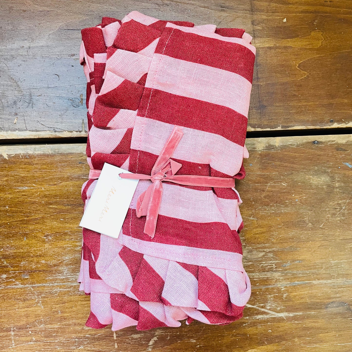 Pink & Red Stripe Ruffle Fabric Napkins- Set of 4