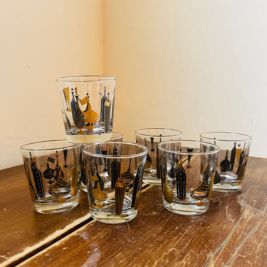 Gold & Black Decanter Lowball Glass Set- Vintage