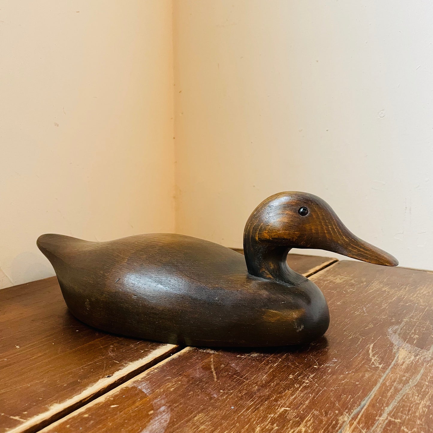 Carved Wooden Dark Stain Duck- Vintage