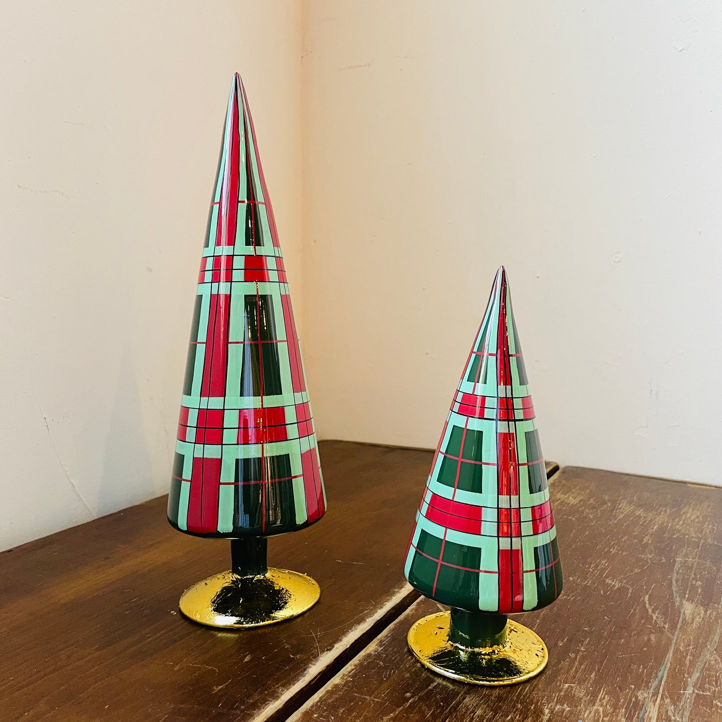 Green Plaid Patterned Trees S/2