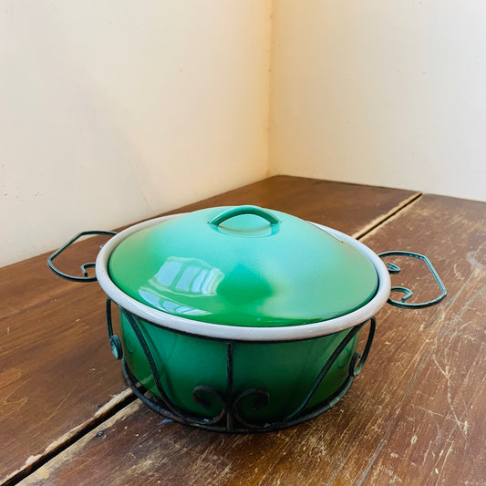 Green Enameled Lidded Pot with Metal Holder - Vintage