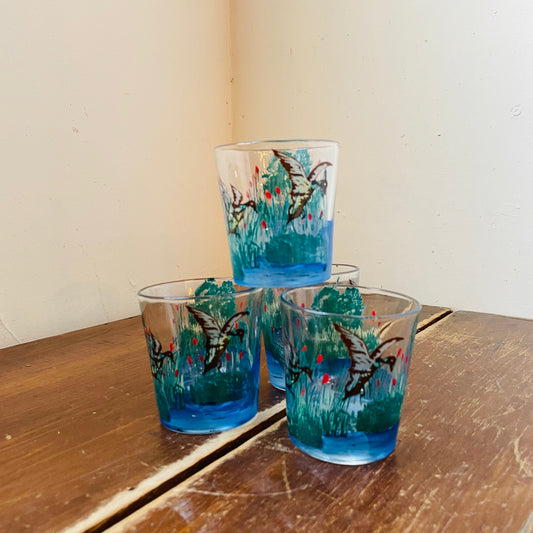 Painted Landing of Ducks Lowball Glass Set- Vintage