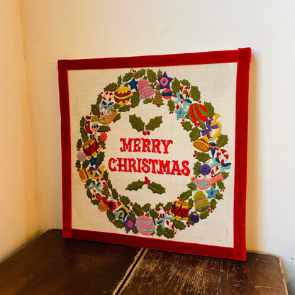 Christmas Greeting Wreath of Toys & Ornaments Embroidered Canvas