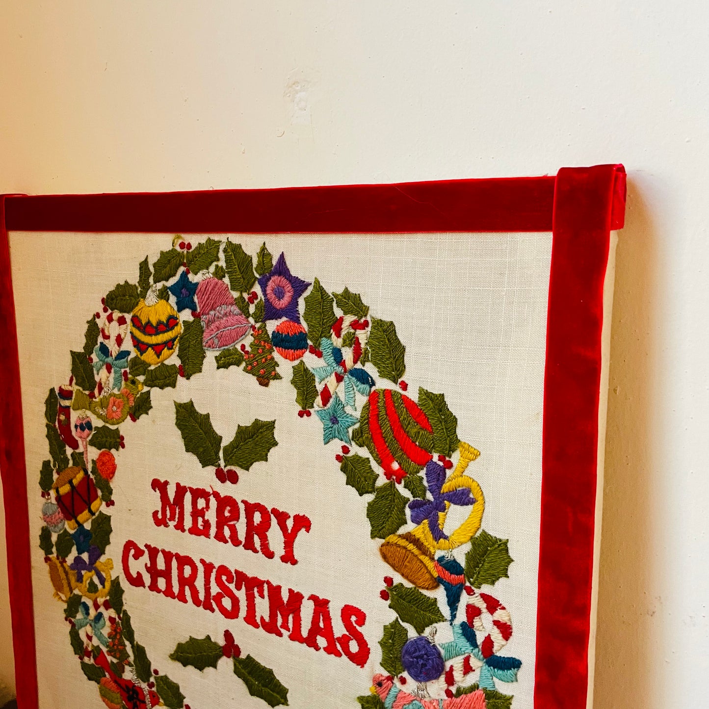 Christmas Greeting Wreath of Toys & Ornaments Embroidered Canvas