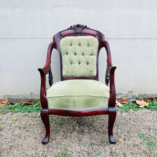 Victorian Mahogany Armchair with Green Velvet- Vintage
