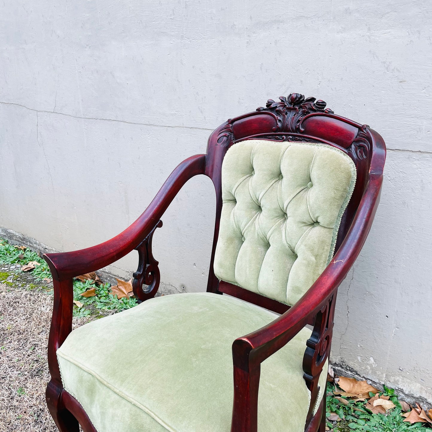 Victorian Mahogany Armchair with Green Velvet- Vintage