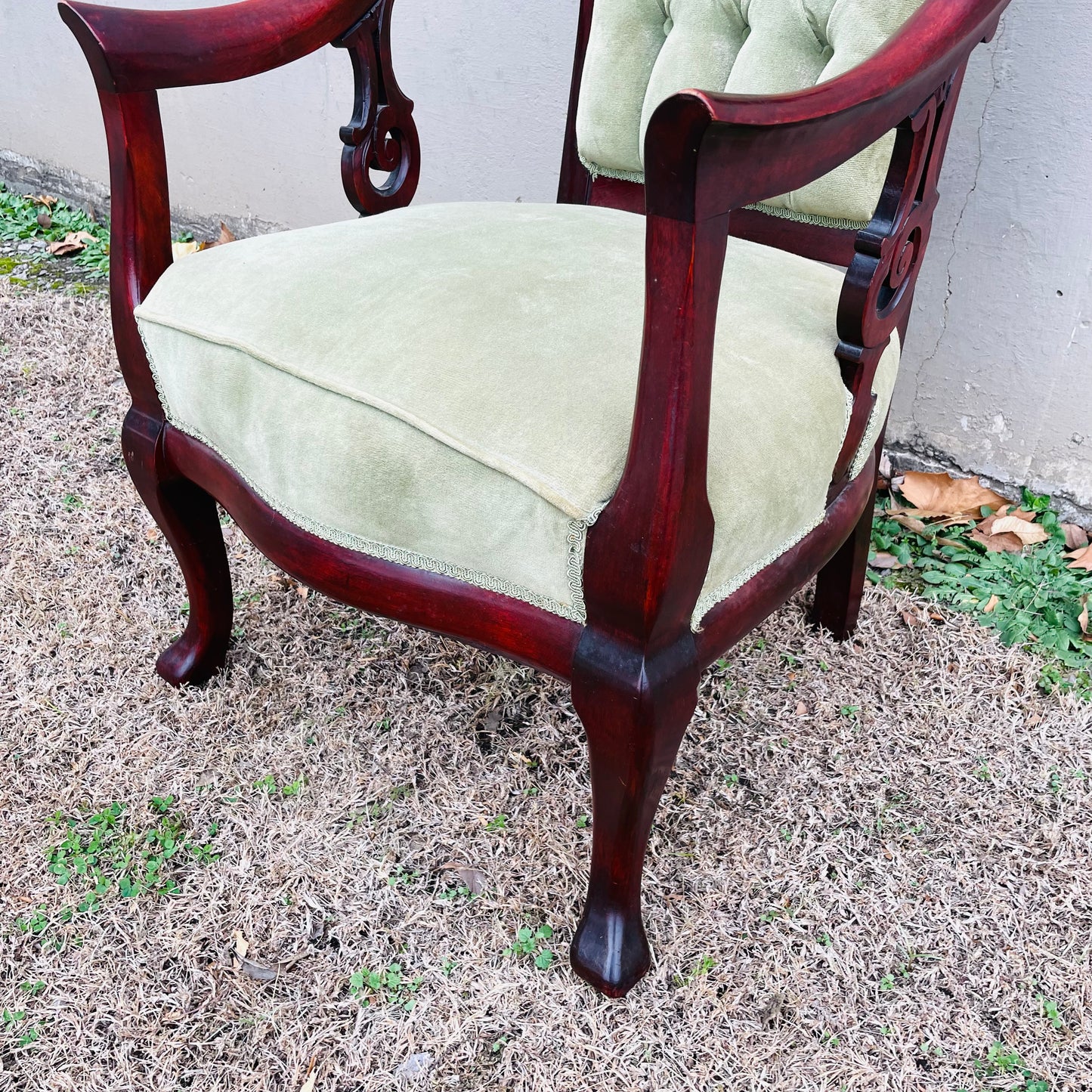Victorian Mahogany Armchair with Green Velvet- Vintage