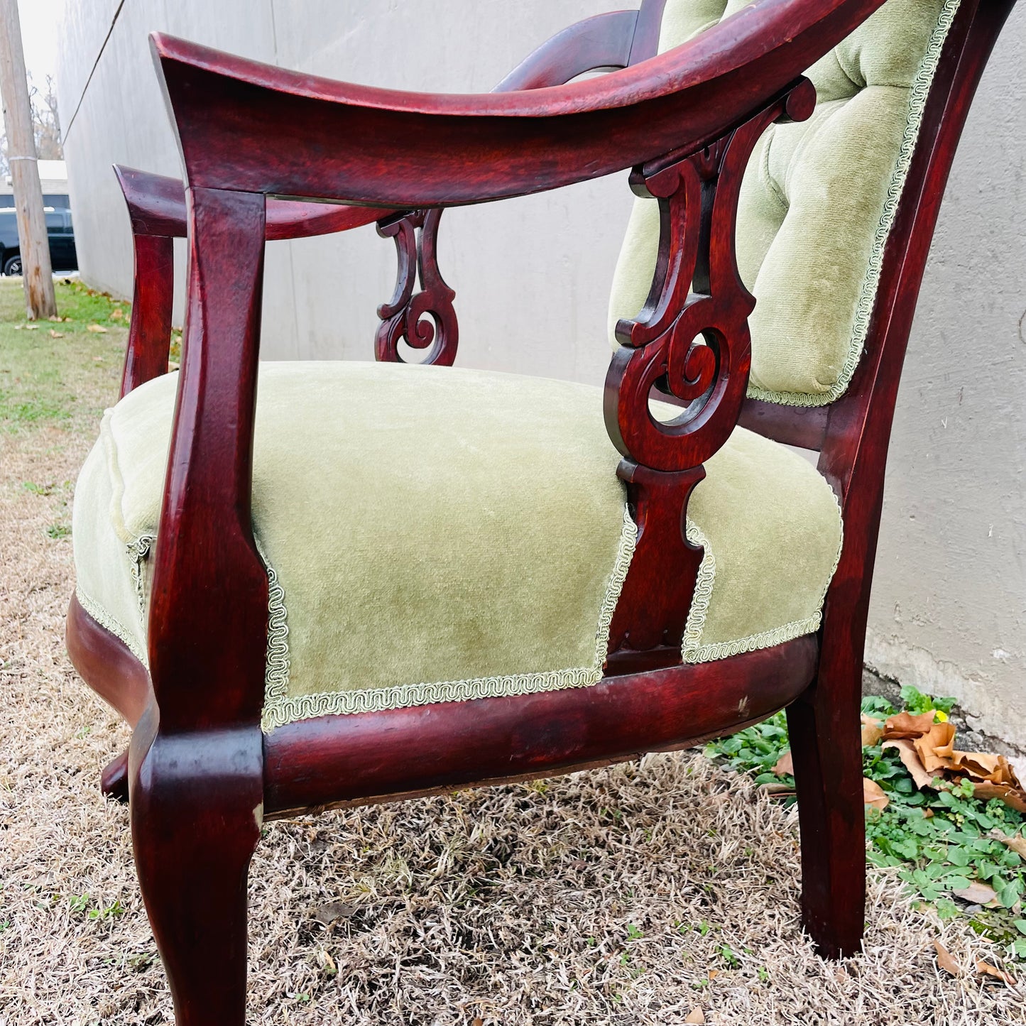 Victorian Mahogany Armchair with Green Velvet- Vintage
