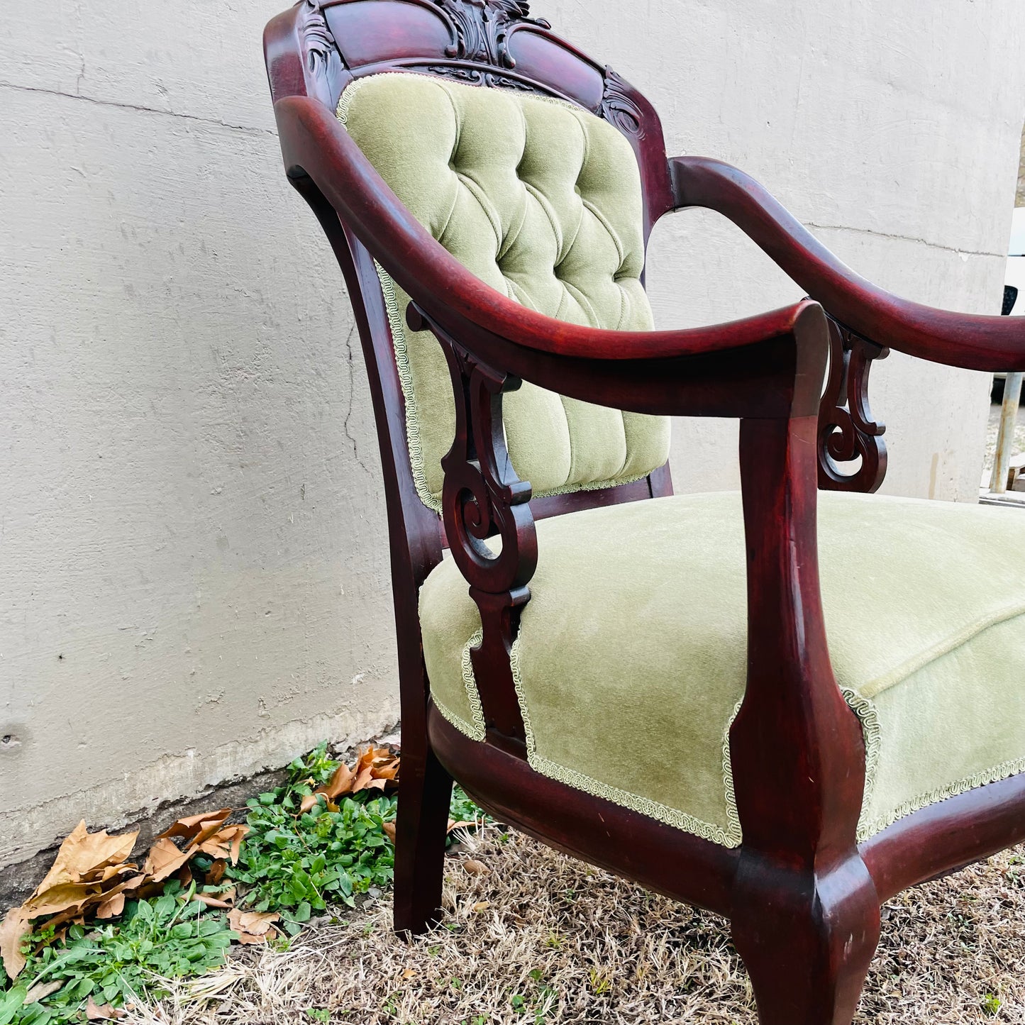 Victorian Mahogany Armchair with Green Velvet- Vintage