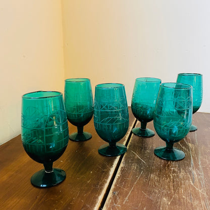 Teal Hand-Blown Etched Glasses- Set of 6