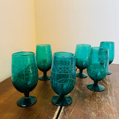 Teal Hand-Blown Etched Glasses- Set of 6