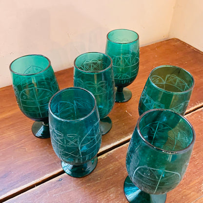 Teal Hand-Blown Etched Glasses- Set of 6