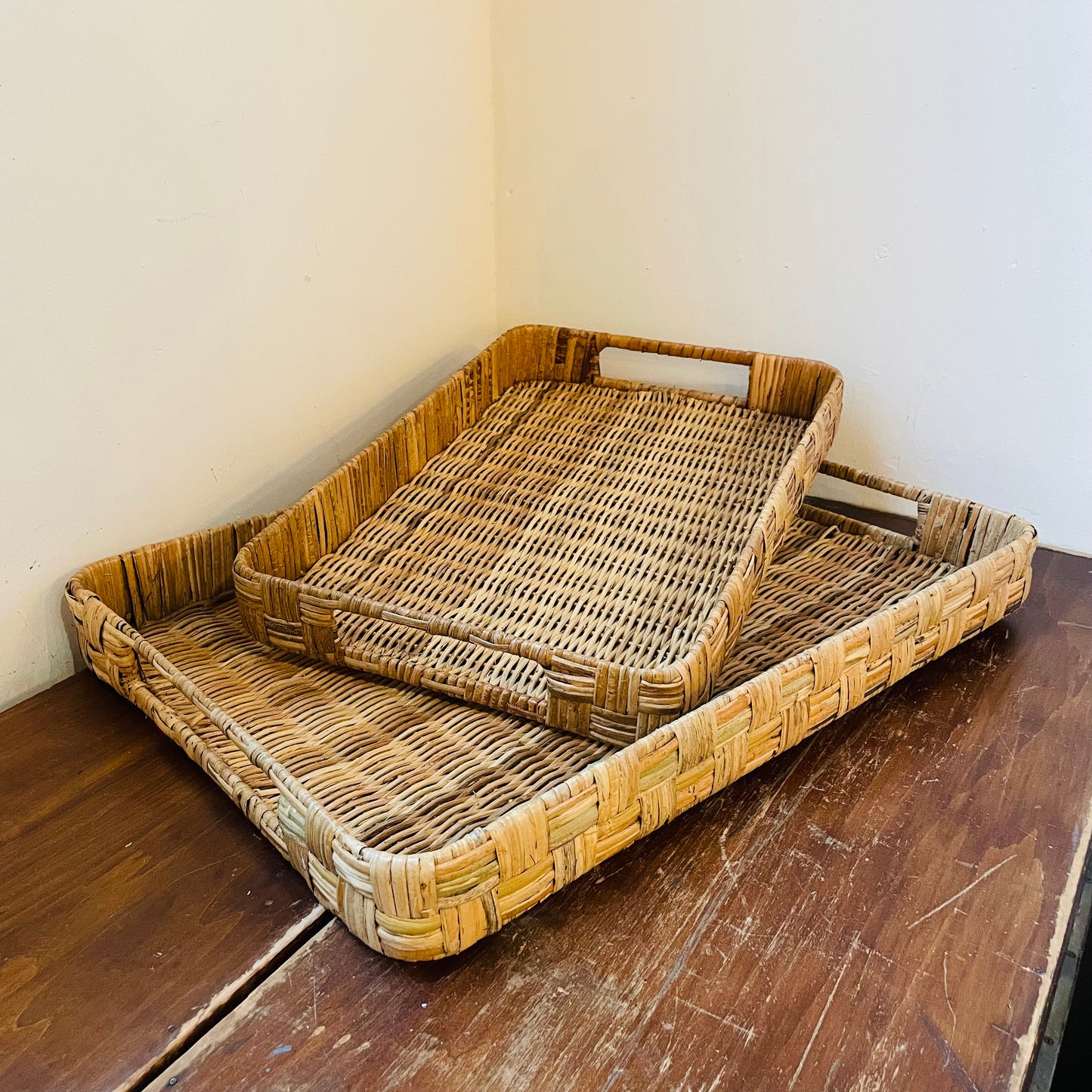 Hand-Woven Rattan Trays w/ Handles