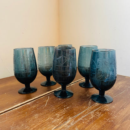 Blue Hand-Blown Etched Glasses- Set of 6