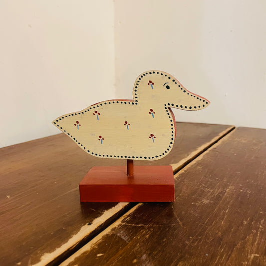 White & Red Ditsy Painted Wooden Duck- Vintage