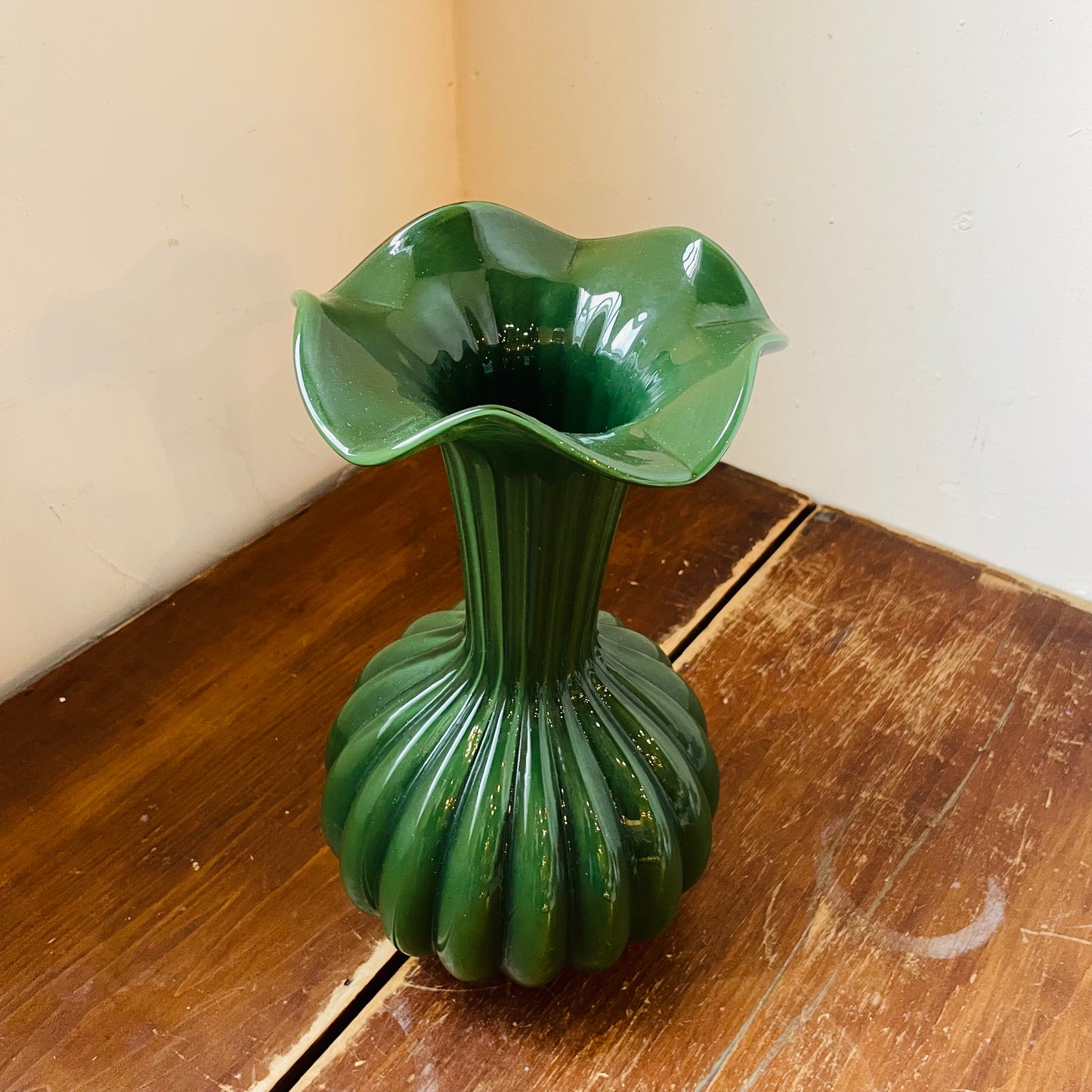 Tall Green Glass Trumpet Vase