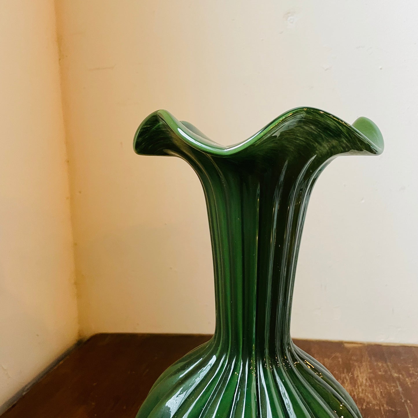Tall Green Glass Trumpet Vase
