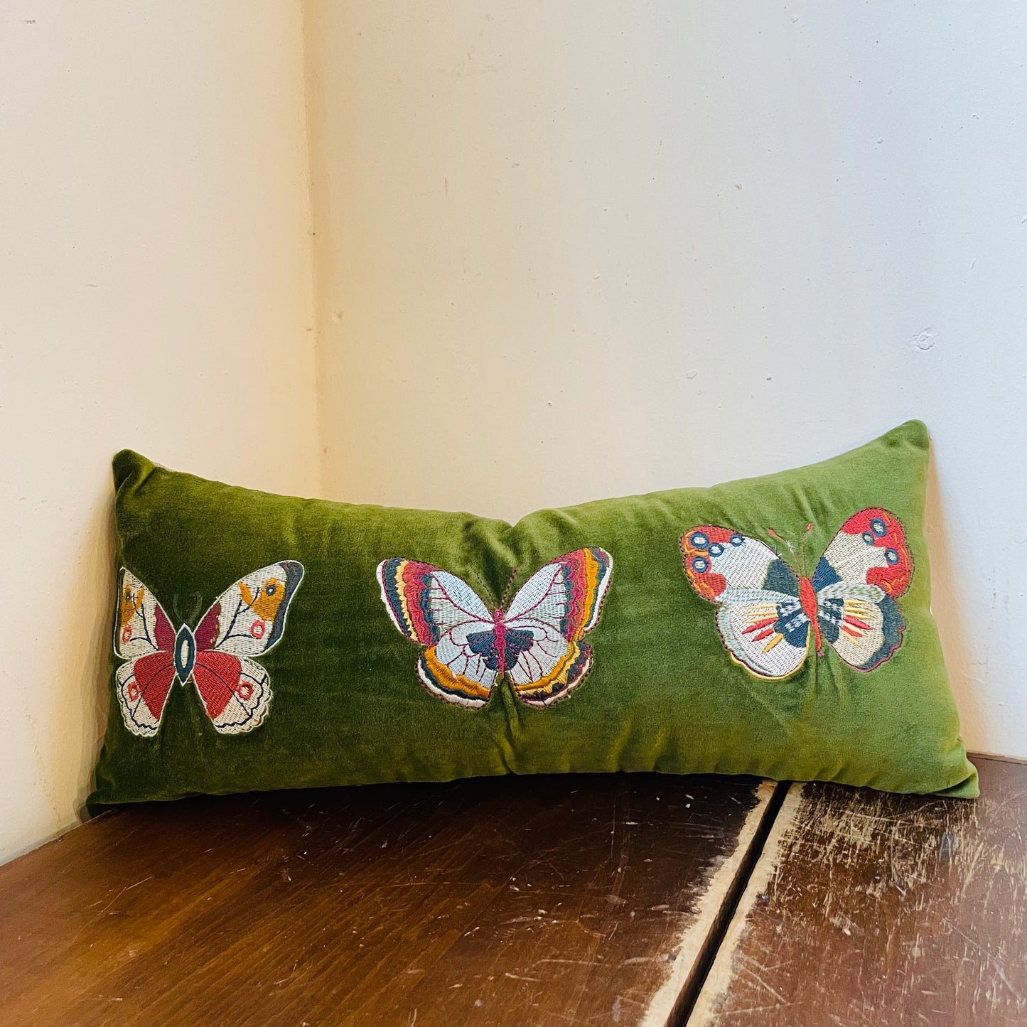 Green Velvet Butterfly Lumbar Pillow