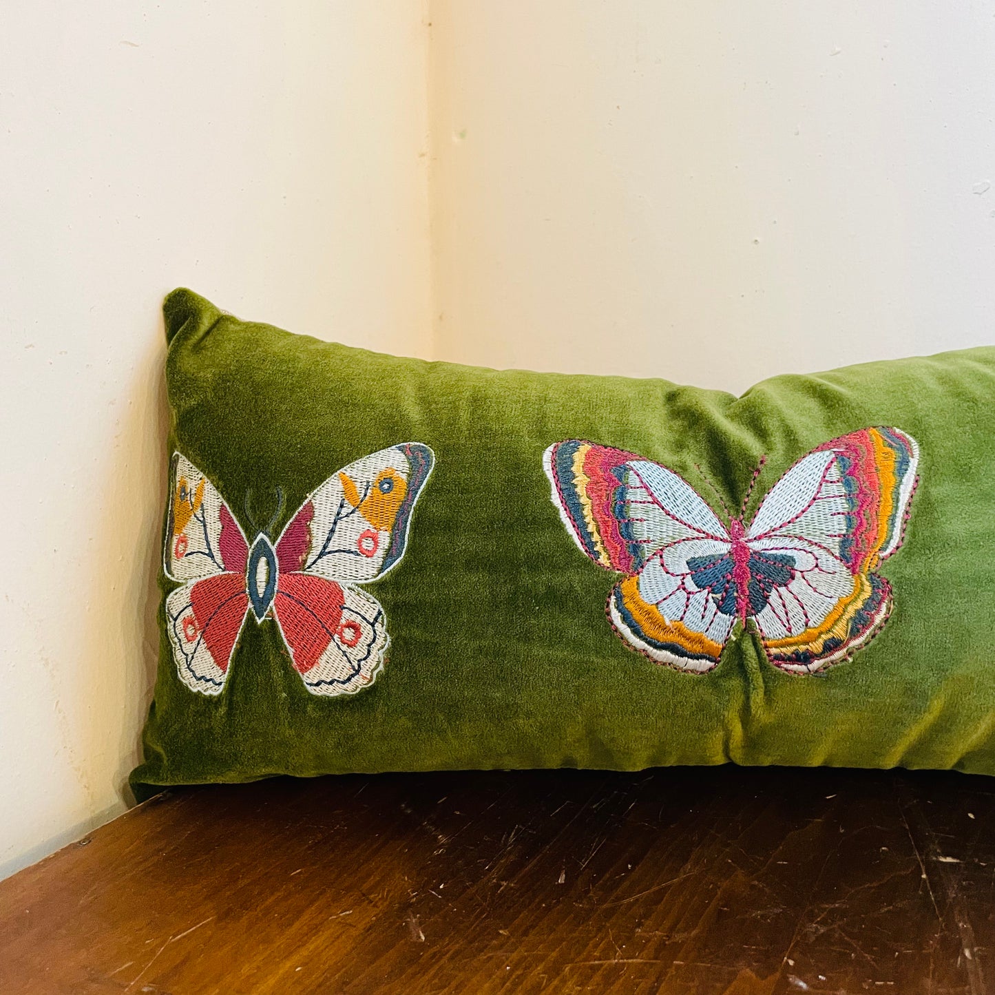 Green Velvet Butterfly Lumbar Pillow