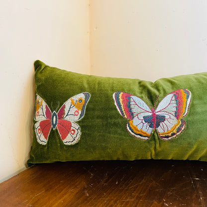 Green Velvet Butterfly Lumbar Pillow
