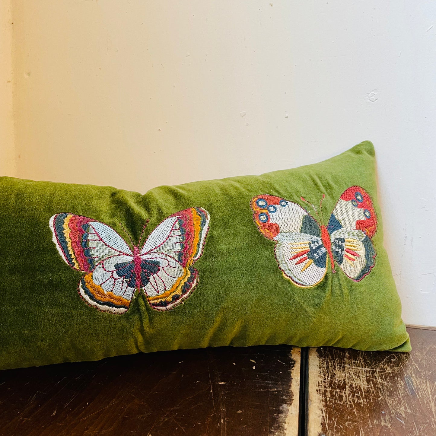 Green Velvet Butterfly Lumbar Pillow